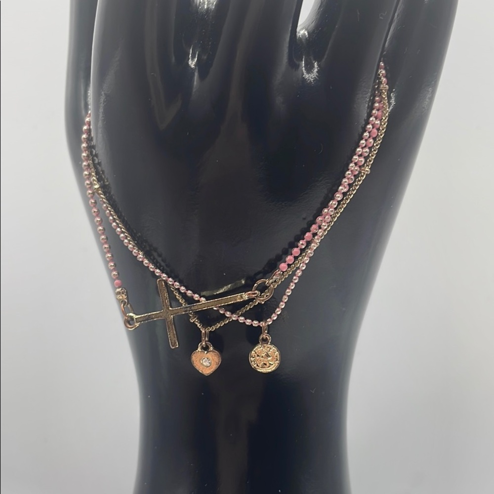 Multi chain Pink and Gold Cross Charm Bracelet